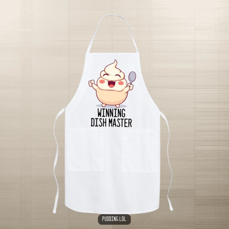 Funny apron depicting an excited pudding character cheering wildly while preparing food, adding humor to cooking tasks.