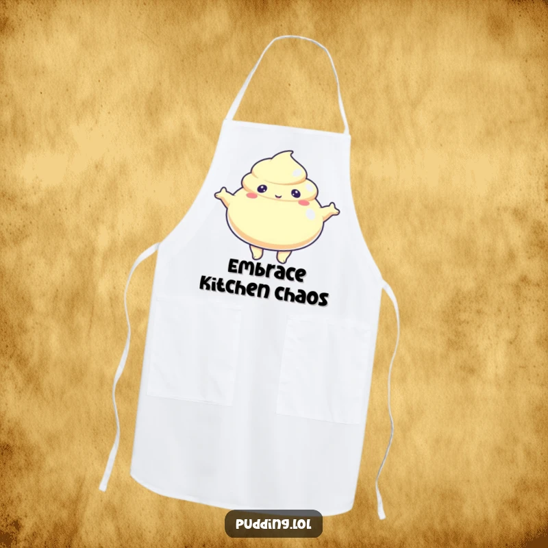 Funny Apron with a jiggly pudding character with arms outstretched, perfect for cooking with a welcoming, friendly attitude.