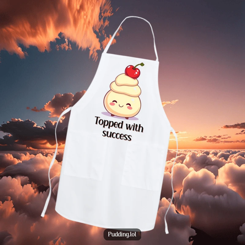 Funny Apron: A smiling pudding character balances a cherry on its head, bringing skill and charm to kitchen activities.