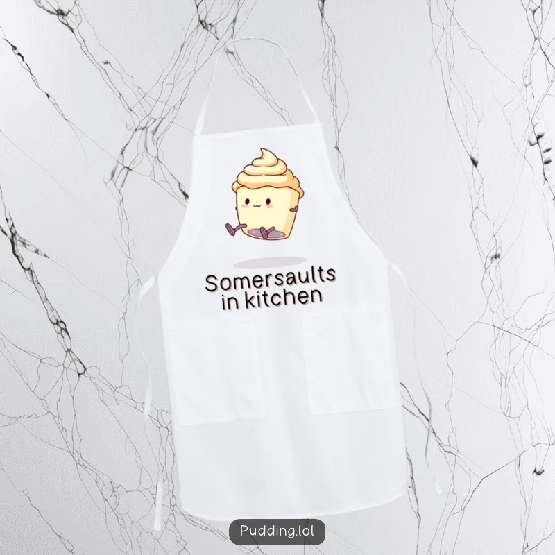 Funny Apron: A pudding cup character with legs attempts a clumsy somersault, bringing playful energy to your kitchen attire.