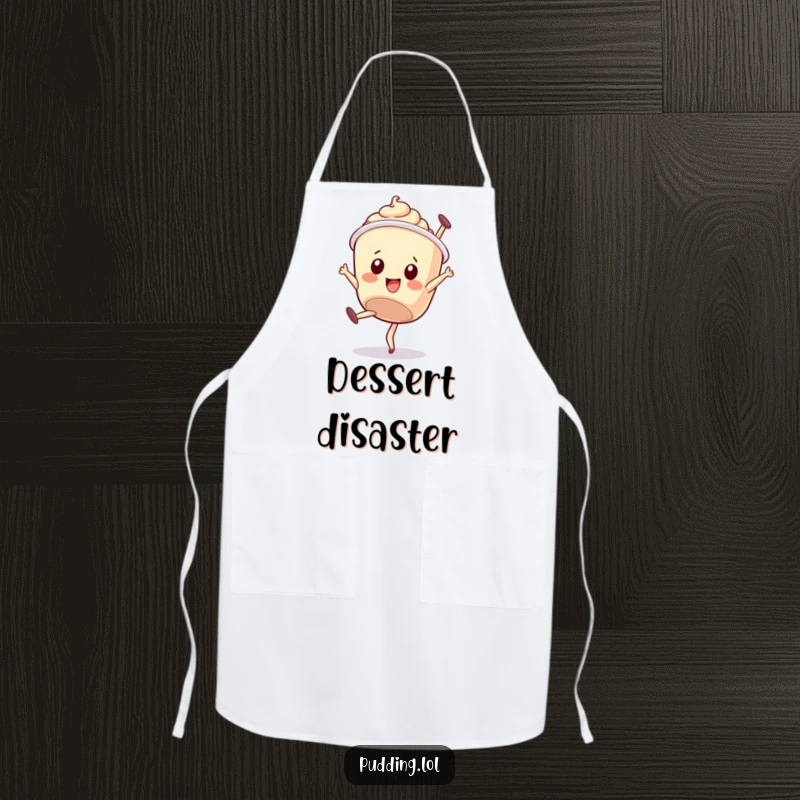 Funny apron: A wobbly pudding cup character attempts a somersault, bringing playful dessert humor to the kitchen.