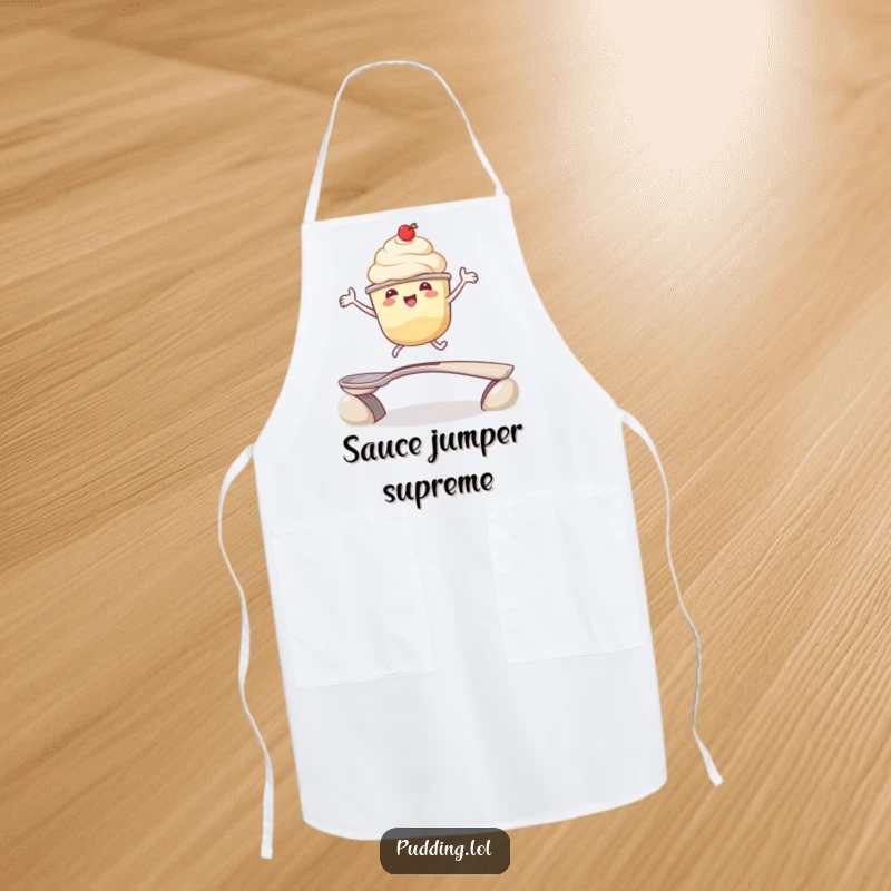 Funny apron: A pudding cup character enthusiastically leaps over a spoon bridge, adding playful dessert humor to kitchen tasks, a great funny gift.