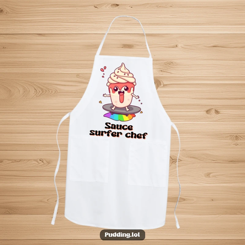 Funny apron: A pudding cup character surfs a rainbow with sauce splashes, bringing magical dessert humor to the kitchen, a great funny gift.