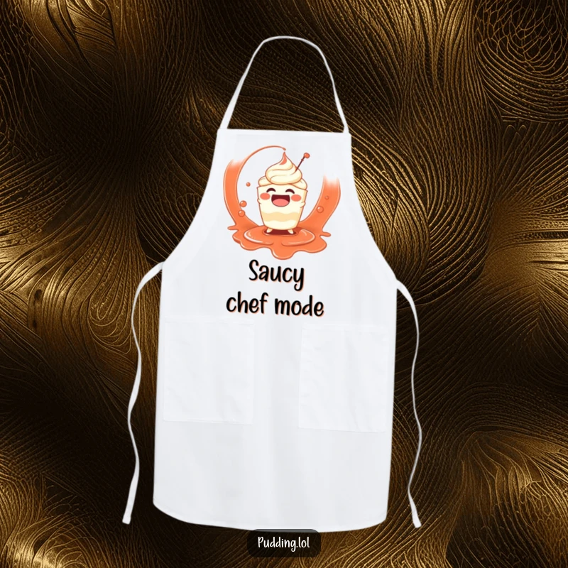 Funny apron showing a laughing pudding cup character playfully splashing in a generous amount of sauce, ready for kitchen fun.