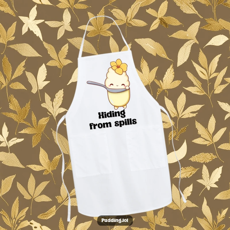 Funny Apron depicting a shy vanilla pudding character hiding behind a spoon with bashful eyes, ready for kitchen fun.