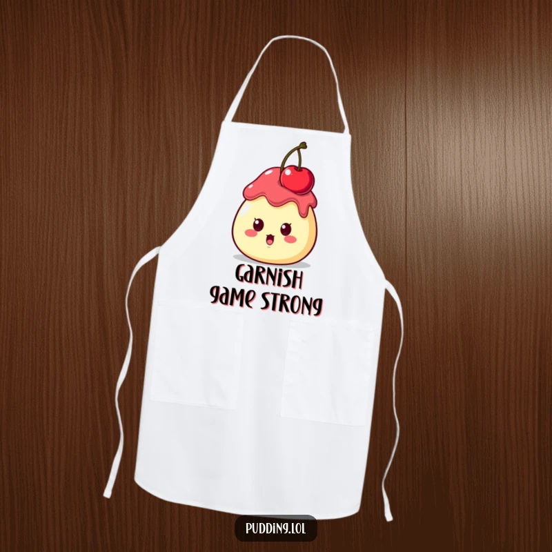 Funny Apron showing a surprised pudding character with a cherry precariously balanced on its head, a comical kitchen accessory.