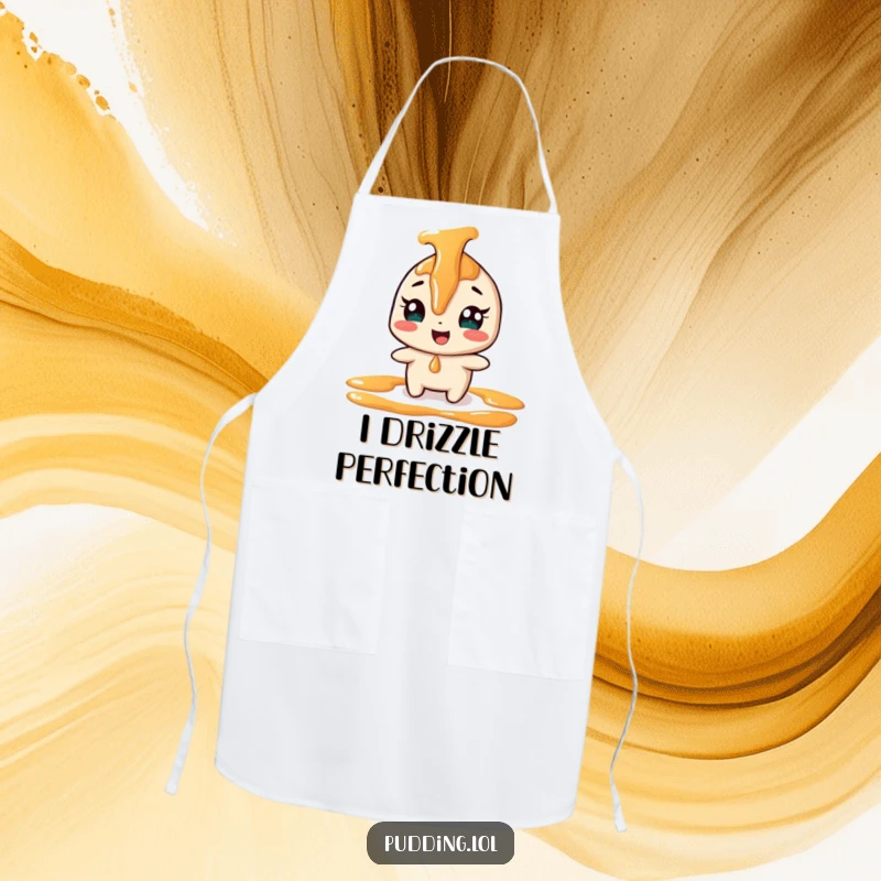 Funny giggling caramel sauce character wearing a kitchen apron, playfully drizzling, adding sweet humor to cooking tasks.