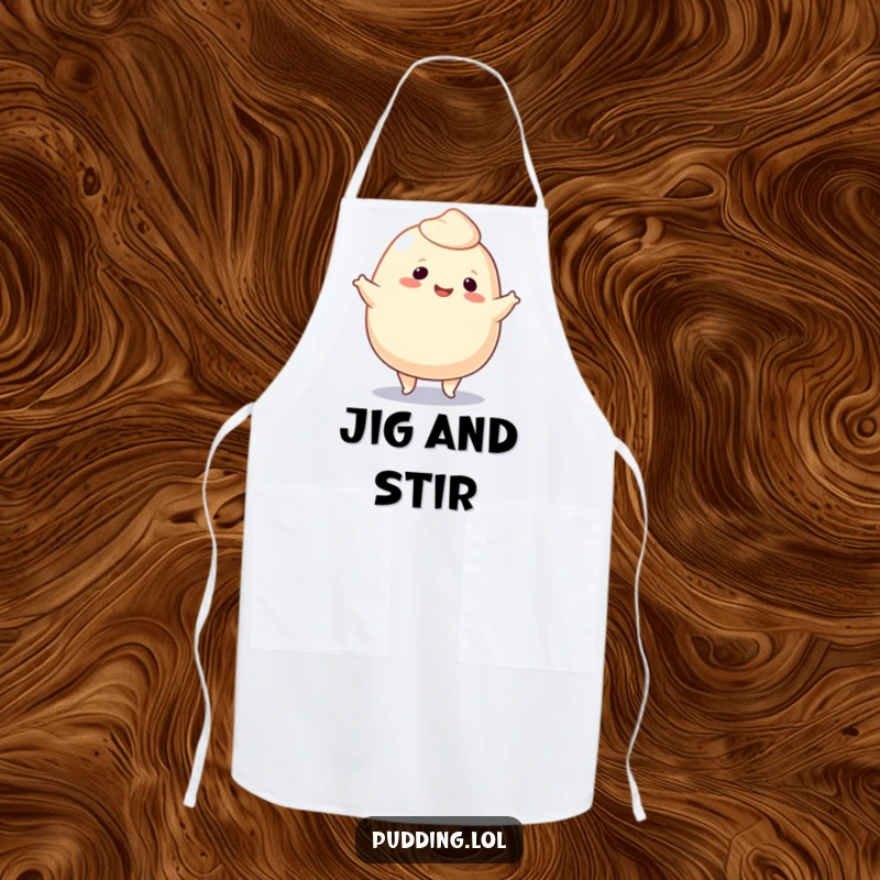 Funny Apron with a smiling pudding blob character doing a jig, perfect for keeping your clothes clean while you cook with joy.