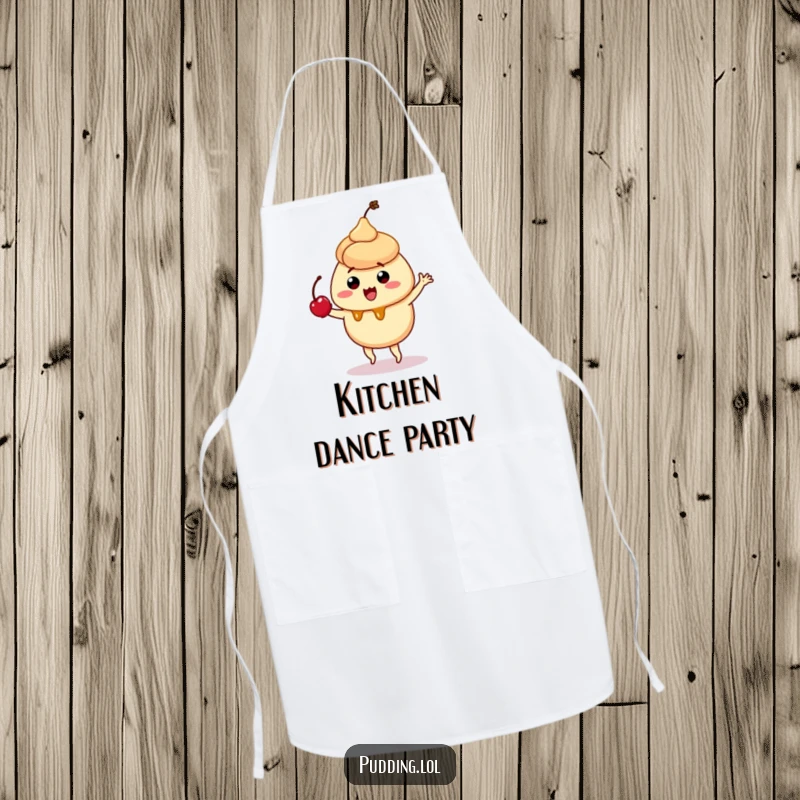 Funny apron depicting a quivering caramel pudding character performing a silly dance with a cherry, perfect for adding humor to cooking.