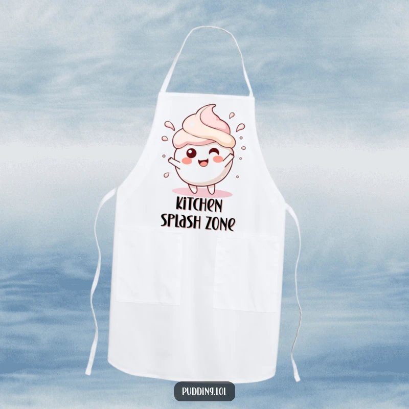 Funny Apron with a pudding scoop character gleefully splashing, perfect for keeping clean during messy, fun cooking sessions.