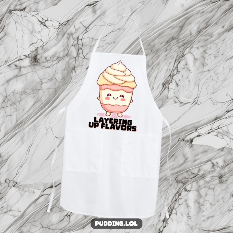 Funny parfait pudding character with cheerful, wiggling layers, perfect for kitchen fun in this humorous apron.