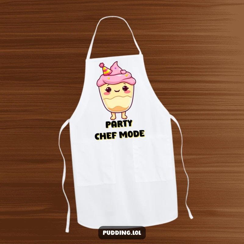 Funny Apron with a pudding cup character wearing a party hat, perfect for cooking and celebrating with festive flair.