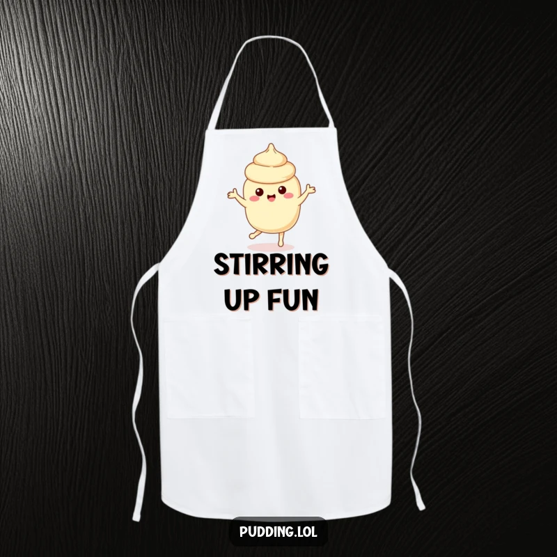 Funny vanilla pudding character dancing playfully, perfect for cooking and kitchen fun in this humorous apron.