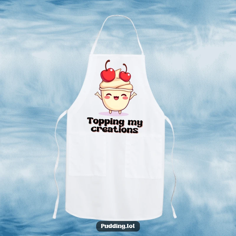 Funny pudding cup apron featuring a character joyfully bouncing a mini cherry on its head, perfect for adding cheer to kitchen activities.
