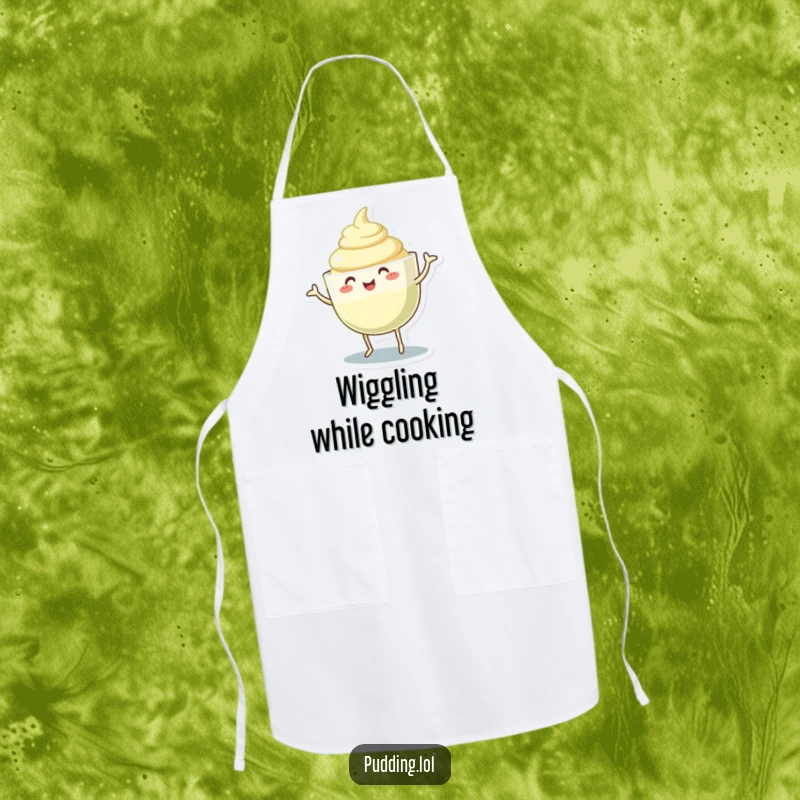 Funny pudding cup apron featuring a character dancing and wiggling its gelatinous body, perfect for adding cheer to kitchen activities.