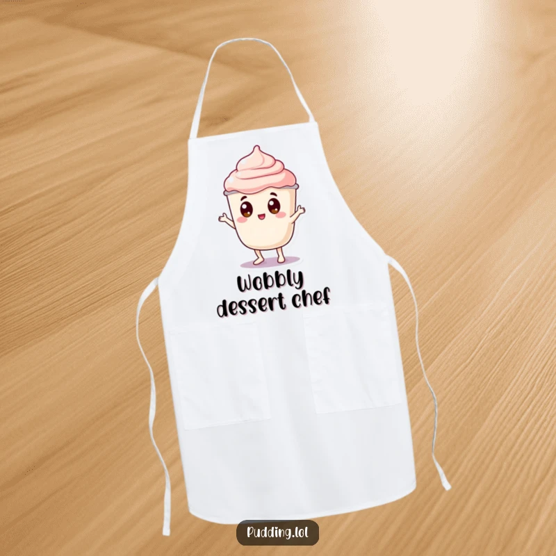 Funny pudding apron featuring a jiggly pudding cup character with googly eyes doing a silly dance wobble, ready to add gelatinous fun to any kitchen task.