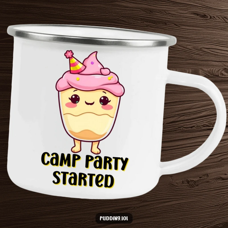 Funny Camping Mug with a pudding cup character wearing a party hat, perfect for festive outdoor gatherings and adventures.