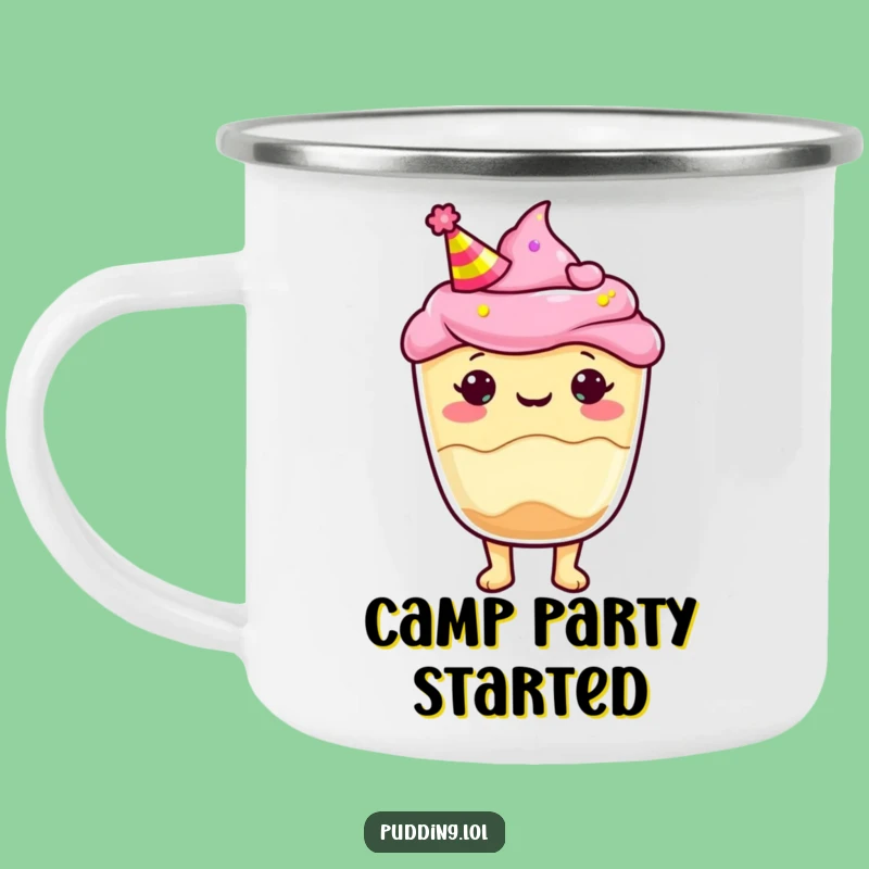 Funny Pudding Cup Party Hat Camping Mug: Festive Adventure Fuel, Perfect Funny Gift
