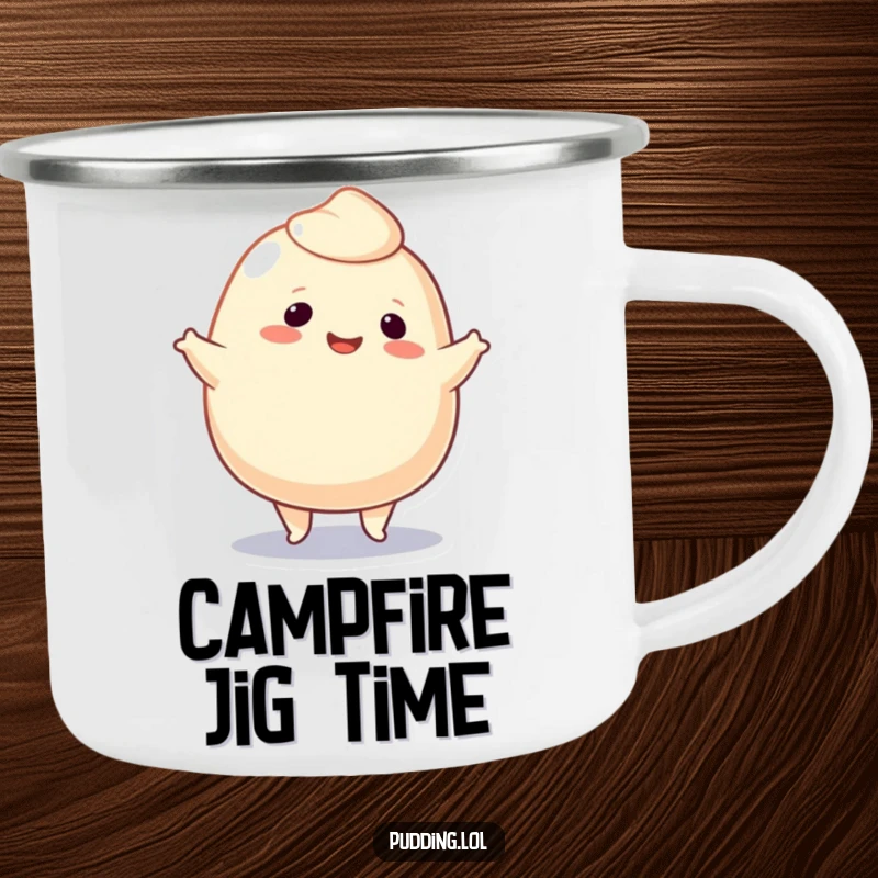 Funny Camping Mug with a smiling pudding blob character doing a jig, perfect for outdoor adventures and cheerful mornings.