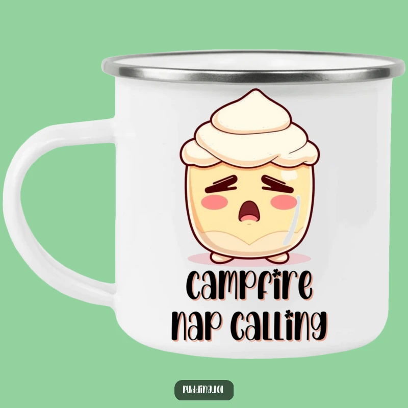 Funny Sleepy Pudding Camping Mug - Yawning Dessert Character - Hilarious Gift Outdoors