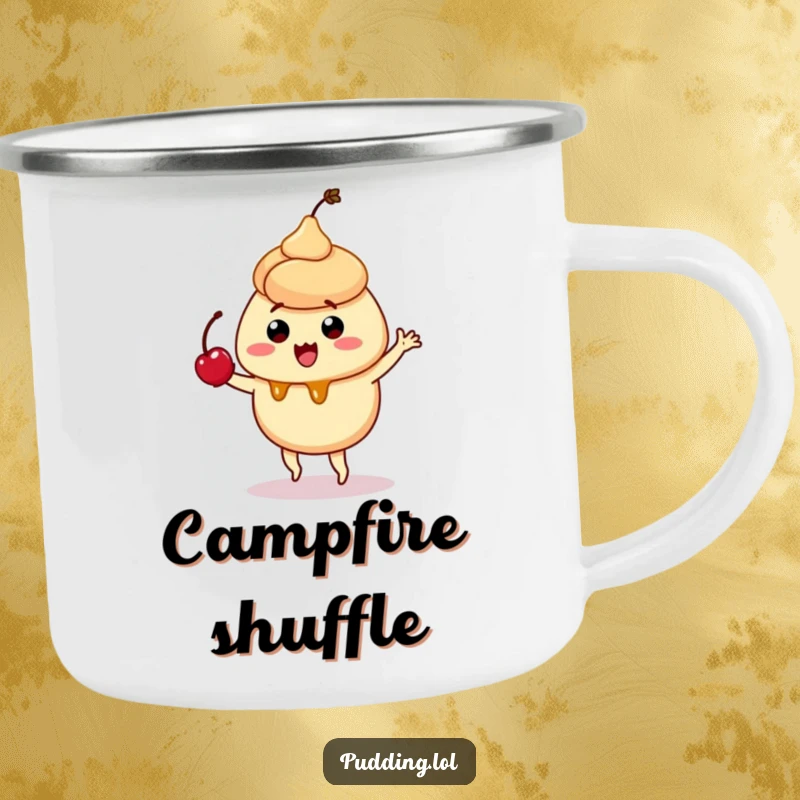 Funny camping mug showing a quivering caramel pudding dancing with a cherry, designed for sweet sips on the go.