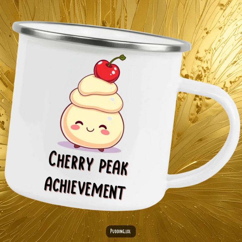 Funny Camping Mug: A smiling pudding character balances a cherry on its head, ready for adventures requiring perfect poise.