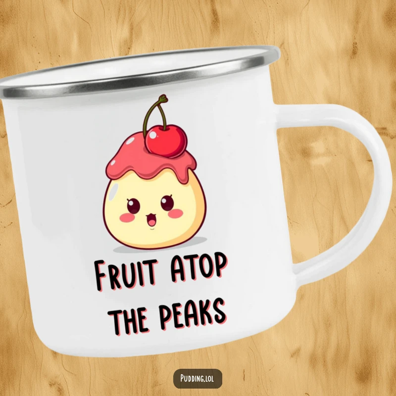 Funny Camping Mug featuring a surprised pudding character with a cherry wobbling on its head, adding humor to outdoor drinks.
