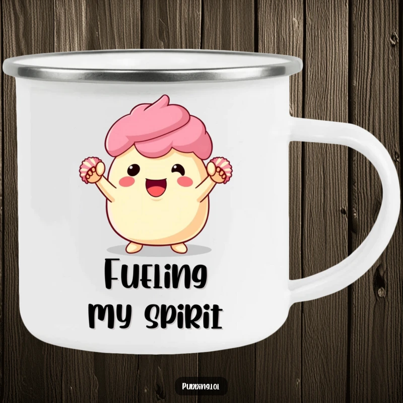 Funny pudding camping mug, enamel finish, with a cheering dessert character and pom-poms, ready for outdoor fun.