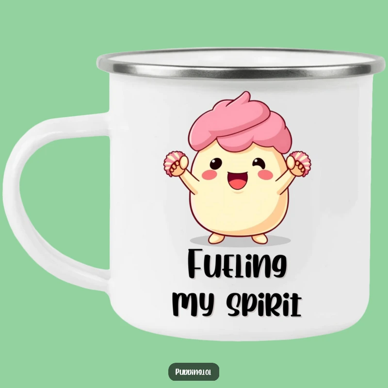 Funny Pudding Cheerleader Enamel Camping Mug - Outdoor Dessert Adventure Gift
