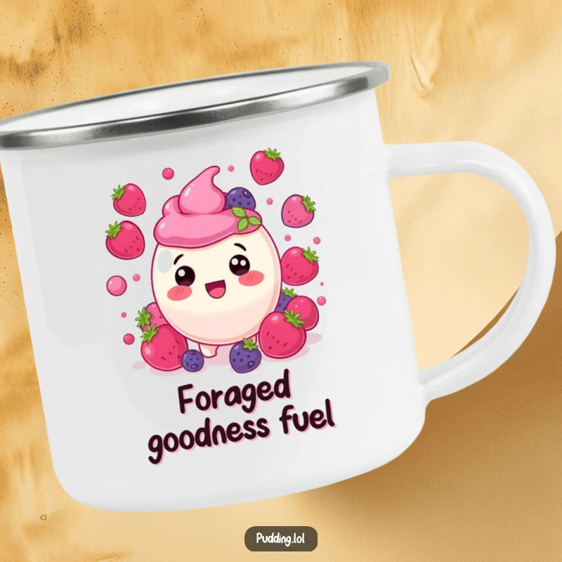 Funny berry pudding character, delighted amongst bouncing berries, perfect for outdoor adventures in this humorous camping mug.