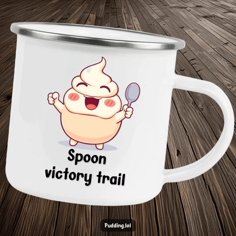 Funny camping mug showing an excited pudding character cheering with a spoon, designed for rugged enjoyment and outdoor fun.