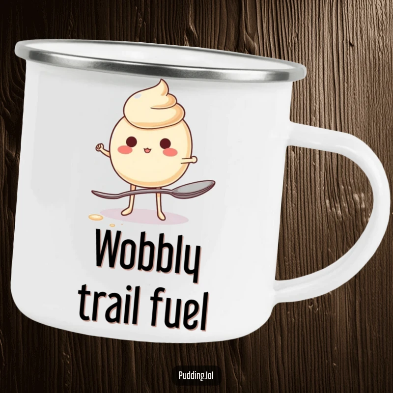 Funny Camping Mug featuring a jiggling pudding character attempting to balance on a spoon, perfect for outdoor laughs and beverages.