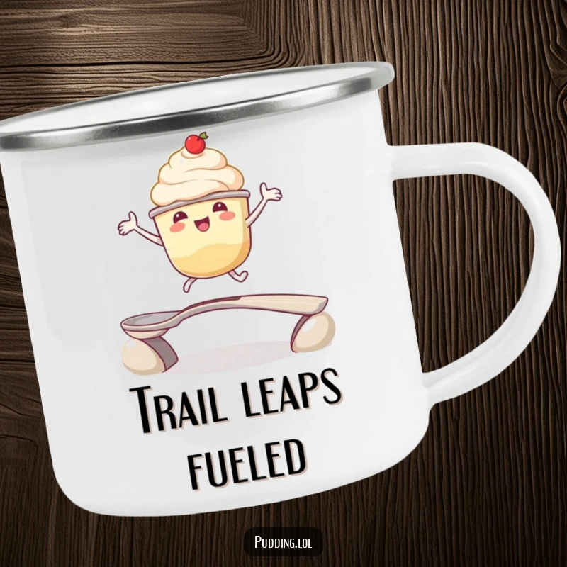 Funny camping mug: A pudding cup character enthusiastically leaps over a spoon bridge, bringing dessert fun and energy to outdoor trips, a perfect funny gift.
