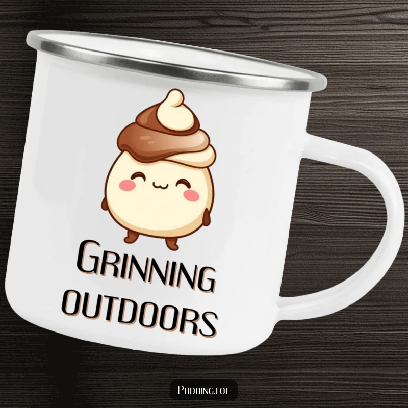 Funny camping mug showing a chocolate pudding character with a goofy grin and hat, perfect for enjoying drinks on the go.