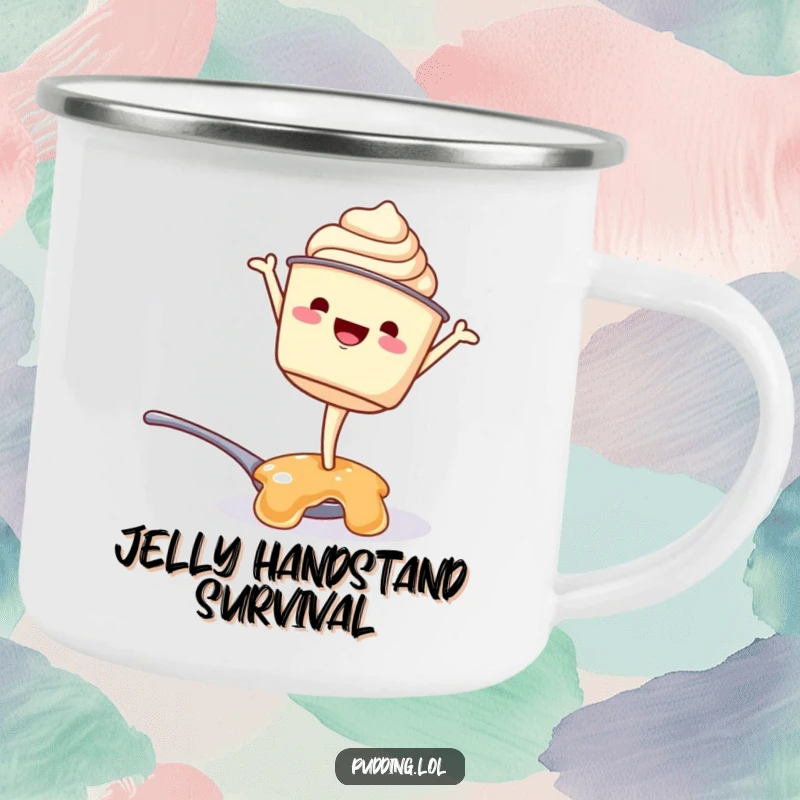 Funny camping mug: A pudding cup character attempts a handstand on a spoon of jelly, bringing dessert humor to outdoor adventures, a perfect funny gift.