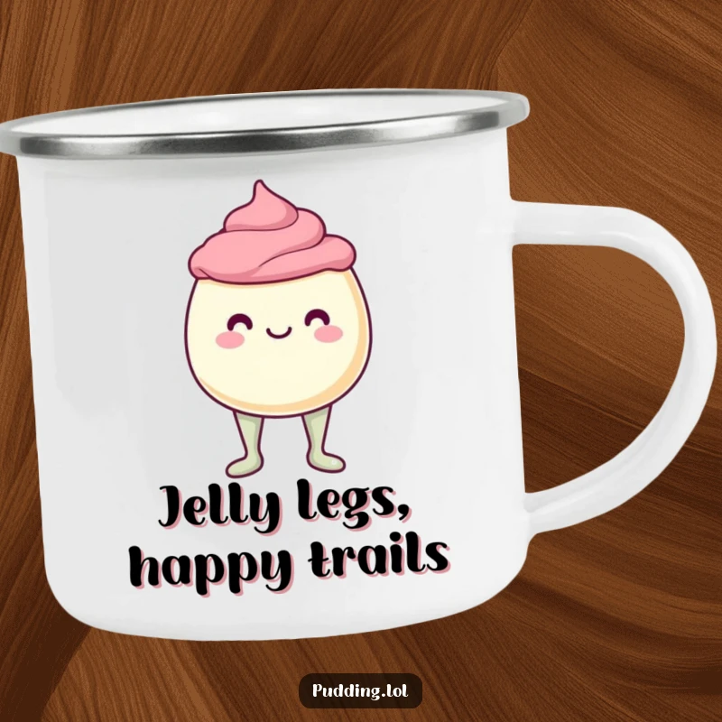 Funny Camping Mug featuring a pudding cup character with jelly legs, ready for outdoor adventures with a wobble and a smile.