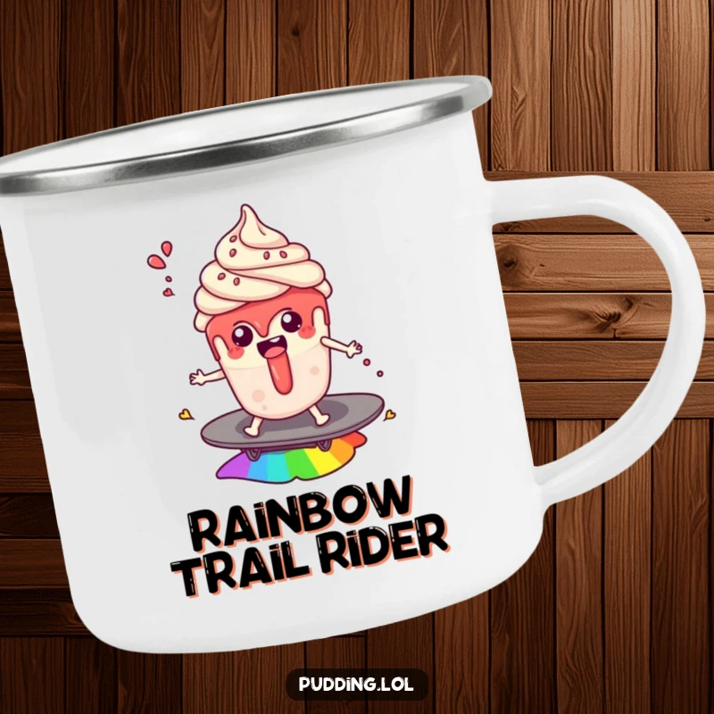 Funny camping mug: A pudding cup character surfs a rainbow with sauce splashes, bringing magical dessert humor to outdoor trips, a perfect funny gift.