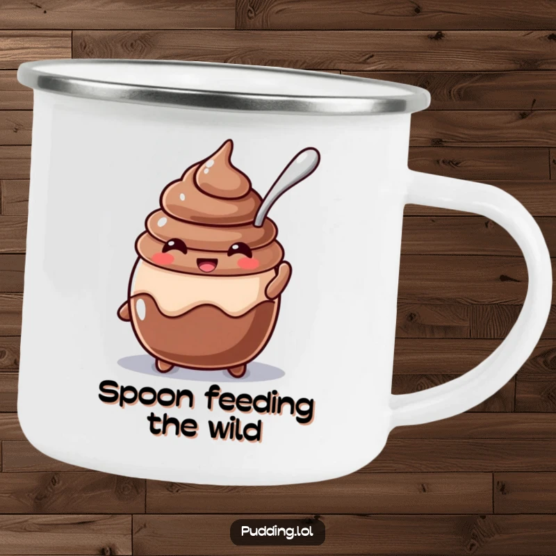 Funny beaming chocolate pudding character with a spoon stuck in it on a durable camping mug, making your outdoor beverage experience sweeter.