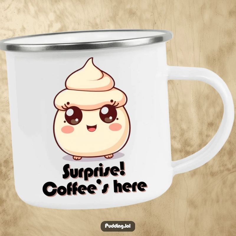 Funny surprised pudding scoop character on a durable camping mug, wide happy eyes making your outdoor beverage experience more amusing.