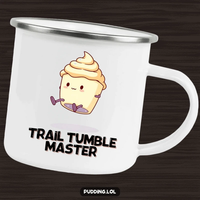 Funny Camping Mug: A pudding cup character with legs attempts a clumsy somersault, ready for adventures with spirited effort.