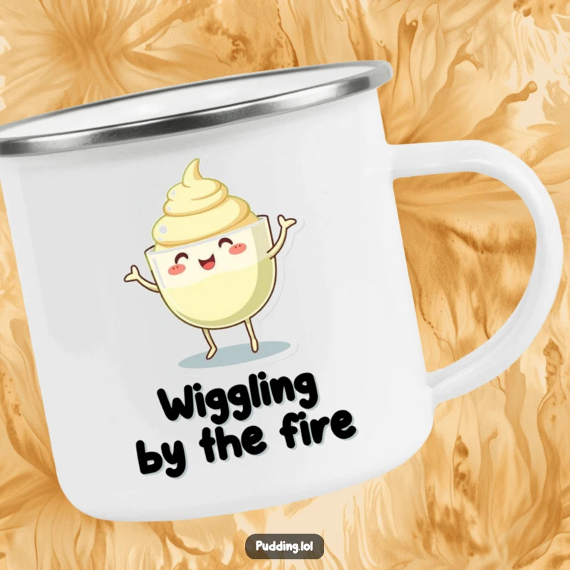 Funny pudding cup camping mug with a character dancing and wiggling its gelatinous body, perfect for enjoying drinks outdoors.