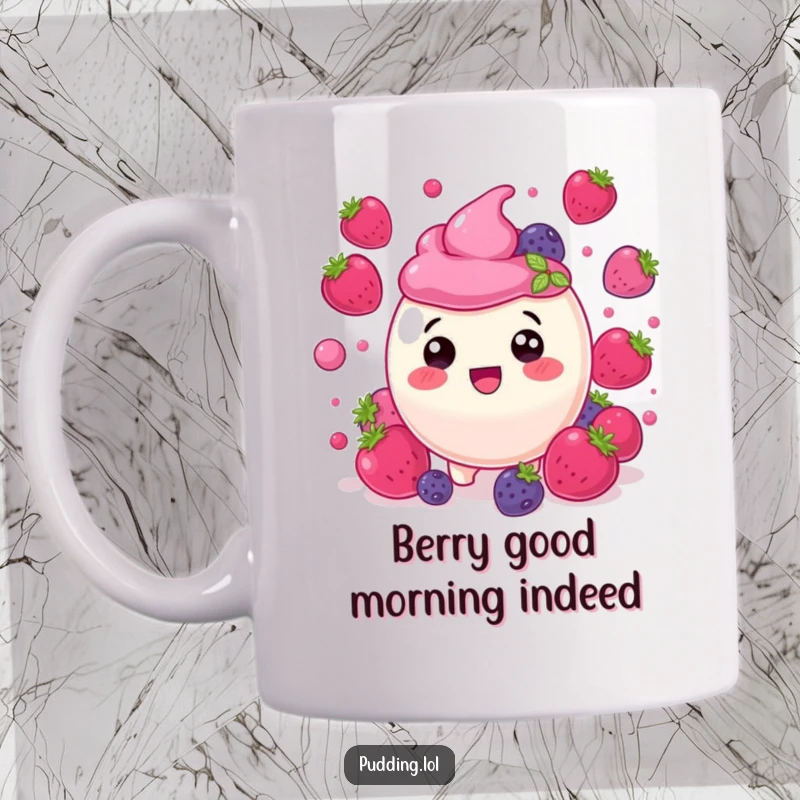 Funny berry pudding character, delighted and surrounded by bouncing berries, perfect for a humorous mug.