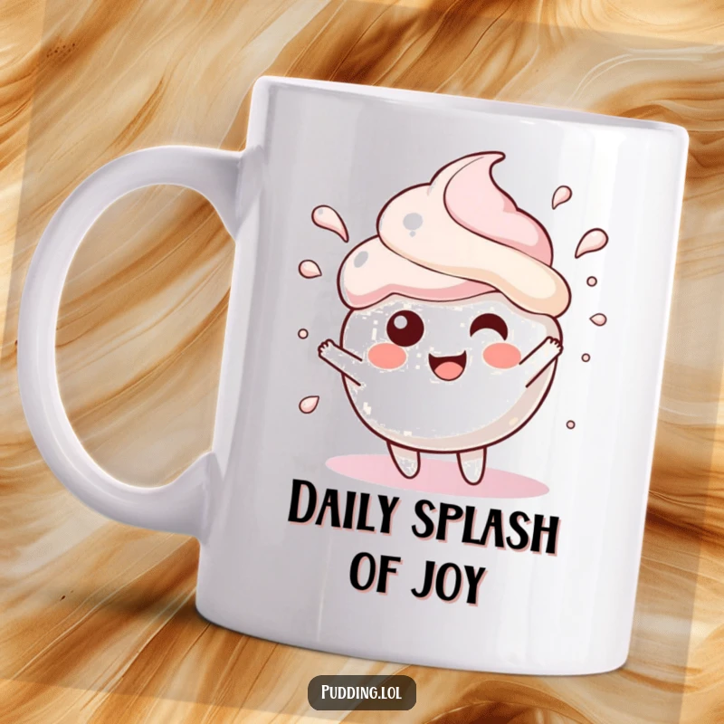 Funny Mug featuring a happy pudding scoop character mid-splash, radiating pure, gleeful energy and enjoyment.