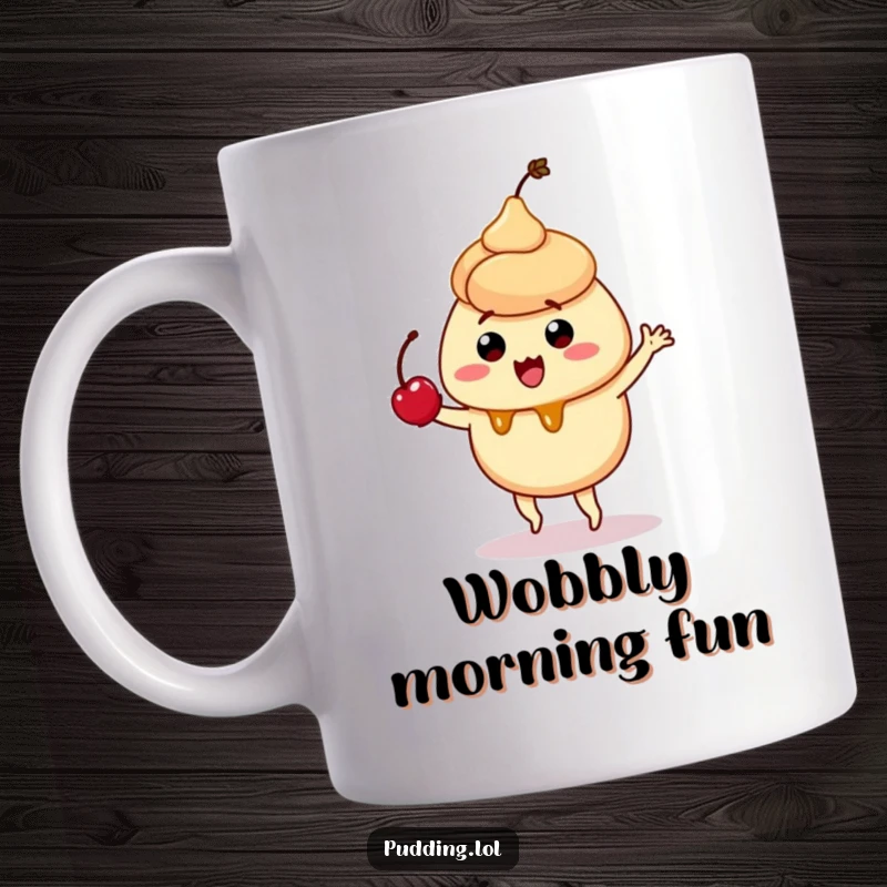 Funny mug with a quivering caramel pudding character doing a silly dance, cherry on top, embodying sweet and joyful movement.