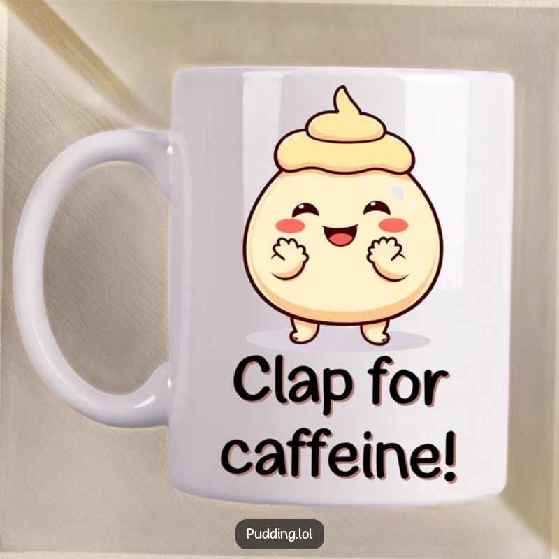 Funny Mug featuring a grinning pudding character enthusiastically clapping its small hands together in a gesture of pure delight.