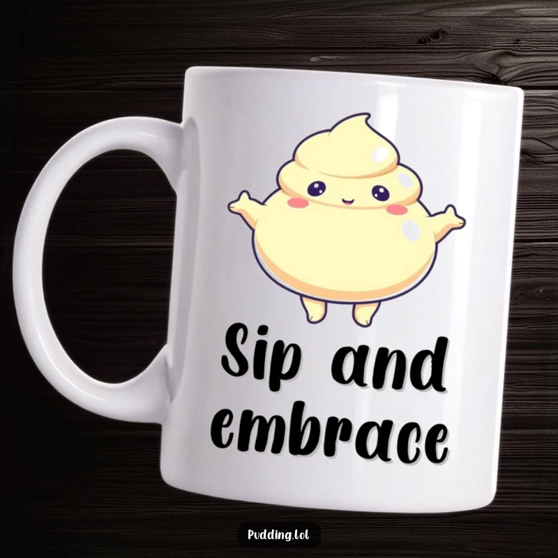 Funny Mug featuring a jiggly pudding character with arms wide open, inviting a hug with a cheerful, wobbly expression.