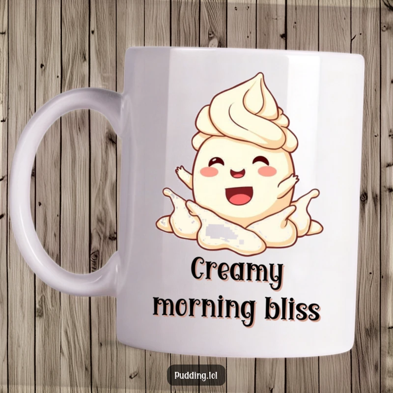 Funny Mug featuring a joyful pudding character gleefully splashing in a large dollop of whipped cream, embodying pure delight.