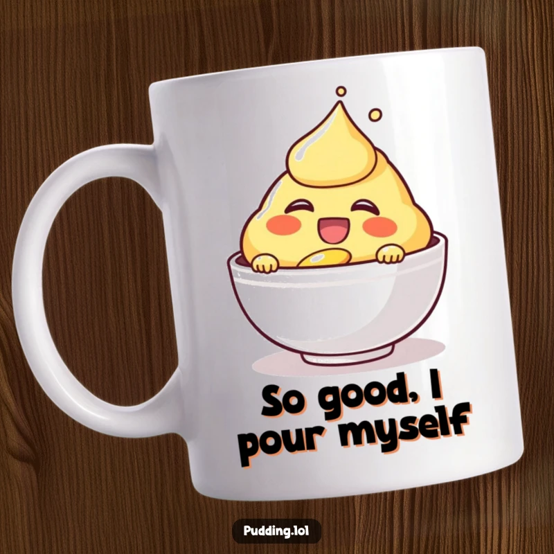 Funny laughing custard character gleefully pouring itself into a bowl, illustrated on a ceramic mug for humorous enjoyment.