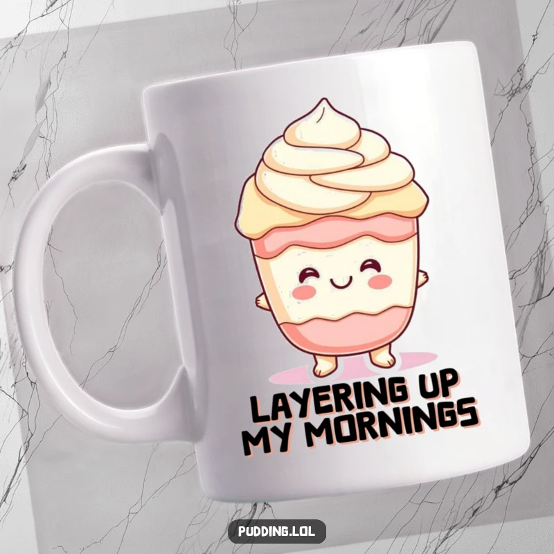 Funny parfait pudding character with wiggling layers, cheerful and delightful, perfect for a humorous mug.