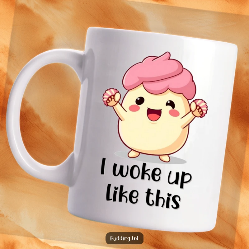 Funny pudding mug with a cheering dessert character holding tiny pom-poms, radiating pure, unadulterated, joyful energy.